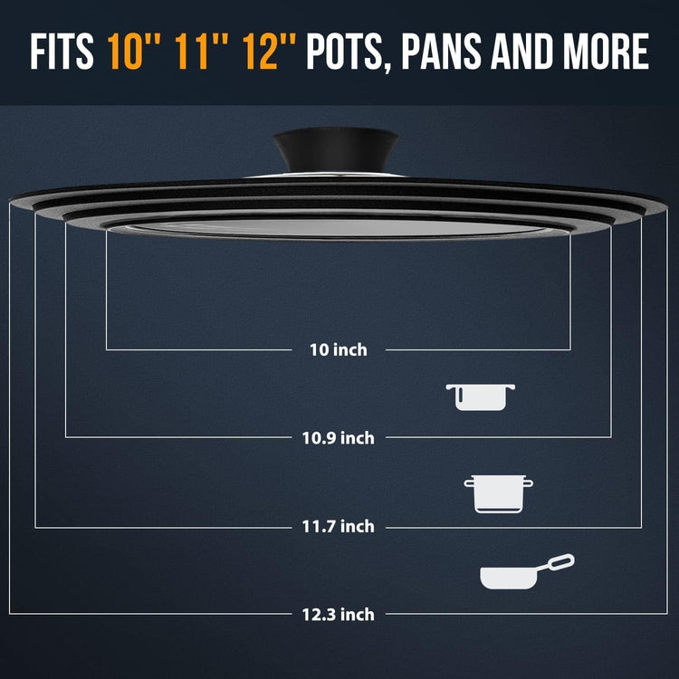 Universal Lid for Pots, Pans and Skillets Fits 10.5", 11.5" and 12" Diameter Cookware - Walfos Tempered Glass Pan Lid with Heat Resistant Silicone Rim, BPA Free Large Pot Lids, Dishwasher-Safe, Black