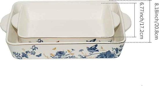 Baking Pans Set of 2 Blue flower 14 inch Ceramic for Oven Large Casserole Baking Dish Set with Handles Porcelain Bakeware Sets Casserole Dish for Oven/Cooking/Kitchen/Cake Dinner/Turkey/Pumpkin/Thanksgiving Holiday Gifts
