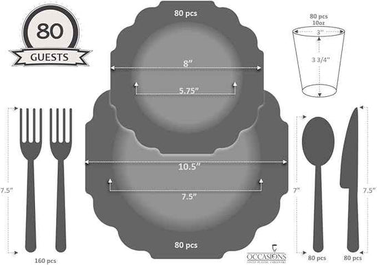 " OCCASIONS " 640 Piece set (80 Guests)-Heavyweight Wedding Party Disposable Plastic Plate Set - 80 x 10.5'' + 80 x 8'' + Silverware + Cups + Napkins (Imperial in Rose Pink & Gold)