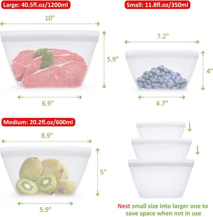 Silicone Bags for Food Storage, Reusable Zip Lock Silicone Food Storage Containers Stand Up Snack Bags, Freezer Microwave Oven Dishwasher Safe, Plastice BPA-Free 3 Pack(40oz 20oz 12oz)