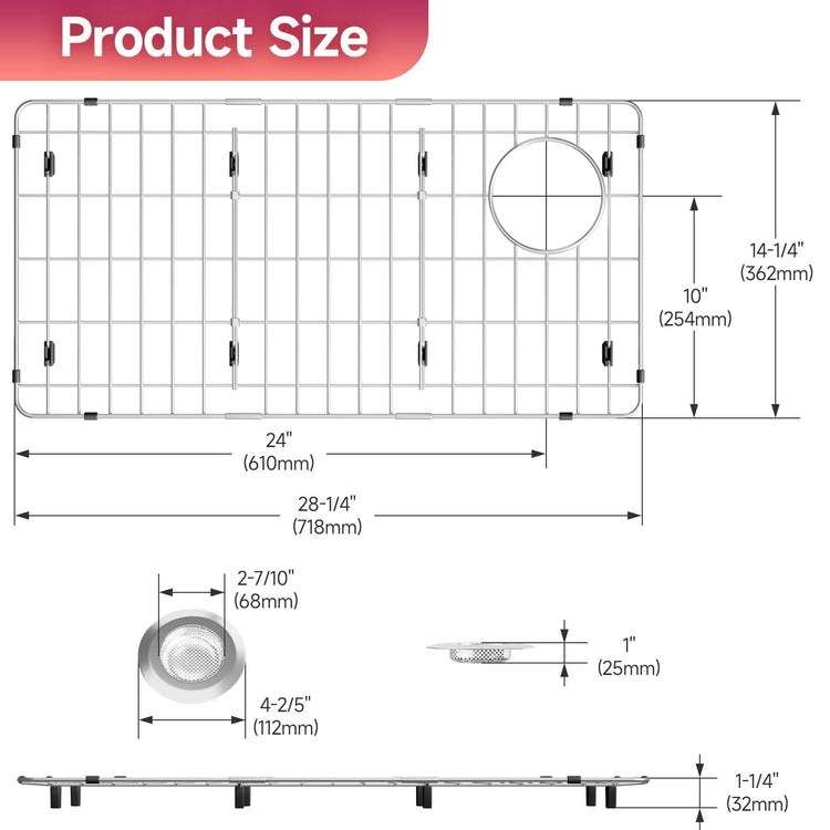 28-1/4" x 14-1/4" x 1-1/4" Stainless Steel Sink Rack for Bottom of Sink