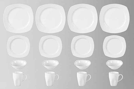 HomeVss, New Bone China Embossed Dinnerware Set, Coupe Square Shape, 16pc Set