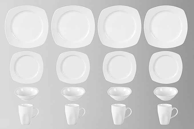 HomeVss, New Bone China Embossed Dinnerware Set, Coupe Square Shape, 16pc Set