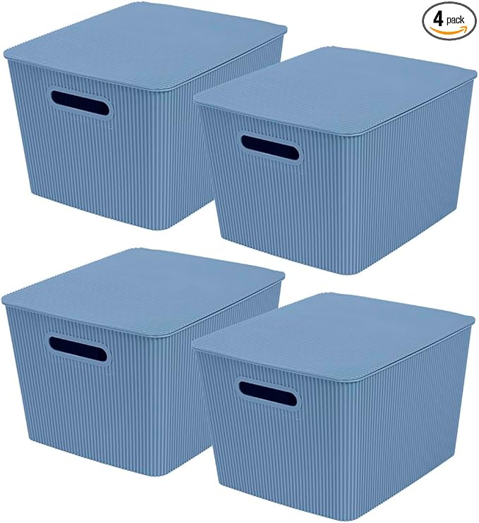 Glad Storage Baskets with Lids - Set of 4 Stackable Plastic Boxes with Handles - Decorative Shelf Organizer Bins for Bathroom and Closet, Blue, 4.7 Gallon