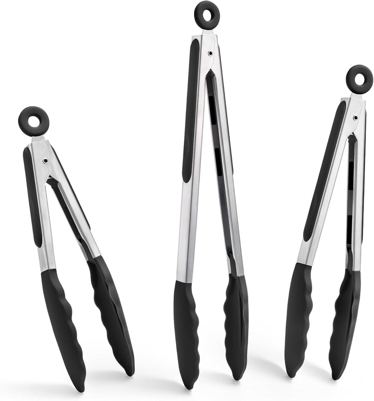 Doosu Kitchen Tongs for Cooking - 600°F Heat Resistant Food Tong Set with Non-Scratch Silicone Tips, Heavy Duty Stainless Steel Locking Tong for BBQ, Grilling Steak, Serving Salad (7+9+12in, Black)