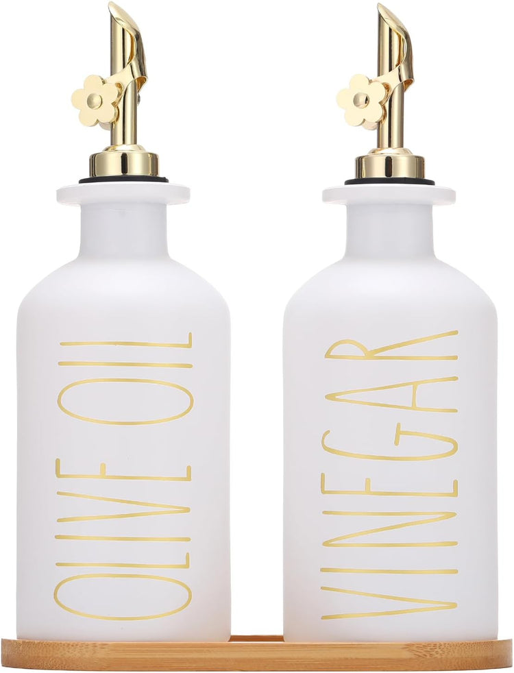 HOMCDALY Premium Olive Oil Dispenser for Kitchen, 11.8oz Glass Oil Bottles with Bamboo Tray, White and Gold Oil&Vinegar Cruet Set, Kitchen Dispenser Bottles with Pourer| Set of 2 (11.8oz –P–Gold)