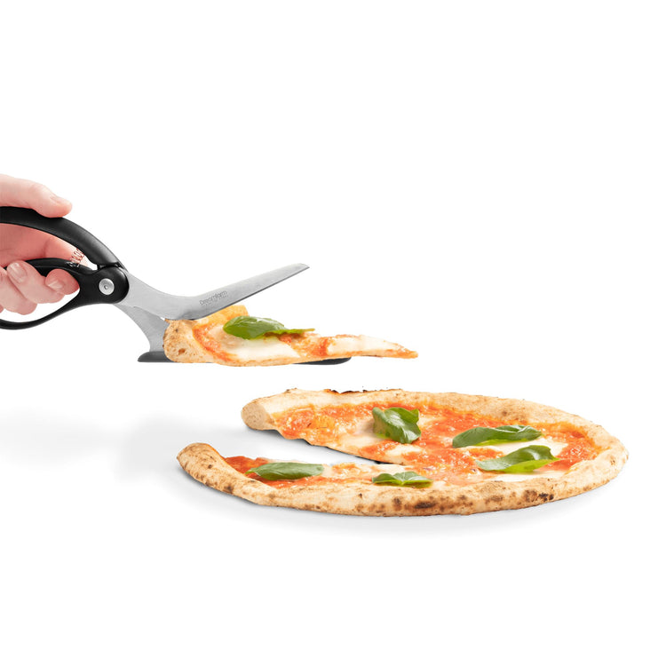 Scizza 2-In-1 Easy Ergonomic Pizza Scissors with Stainless Steel Pizza Cutter Blades & Non-Stick Slice Server - Black