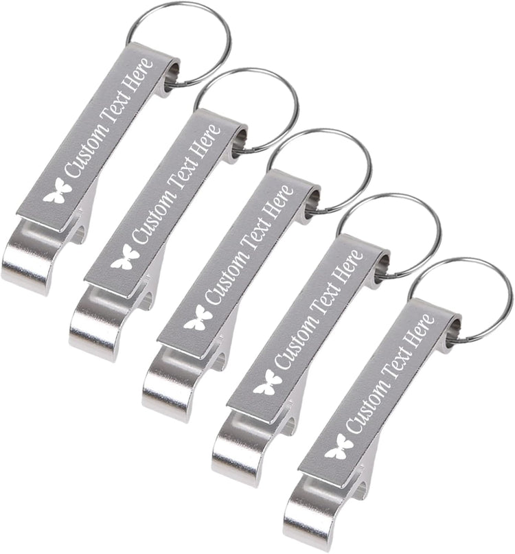 5PCS Personalized Bottle Opener Keychain Bulk Custom Beer Bottle Opener with Logo Text Engraved Wedding Bottle Opener Favors Customized Gifts for Guests Baby Shower Birthday Party-Silver