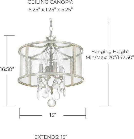Capital Lighting 9484AS-CR Blakely Luxe K9 Crystal/Water Glass Drum Pendant, 4-Light 240 Total Watts, 17" H x 15" W, Antique Silver