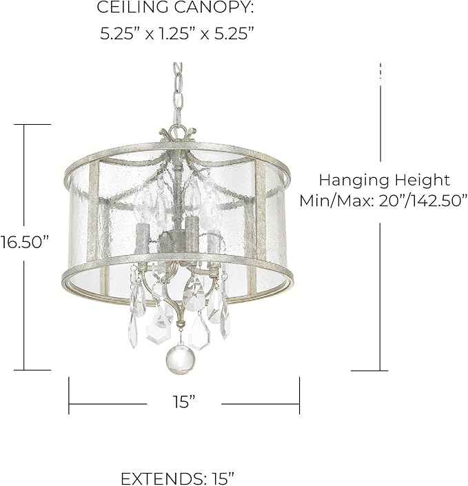 Capital Lighting 9484AS-CR Blakely Luxe K9 Crystal/Water Glass Drum Pendant, 4-Light 240 Total Watts, 17" H x 15" W, Antique Silver