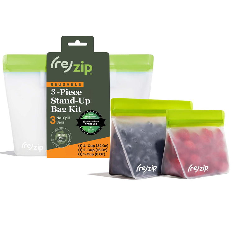 re) zip 3-Piece Stand-Up Reusable Bag Kit | BPA-Free, Food Grade, Leakproof, Freezer and Dishwasher Safe | Quart (1), 2-Cup (1), Snack (1) | Green