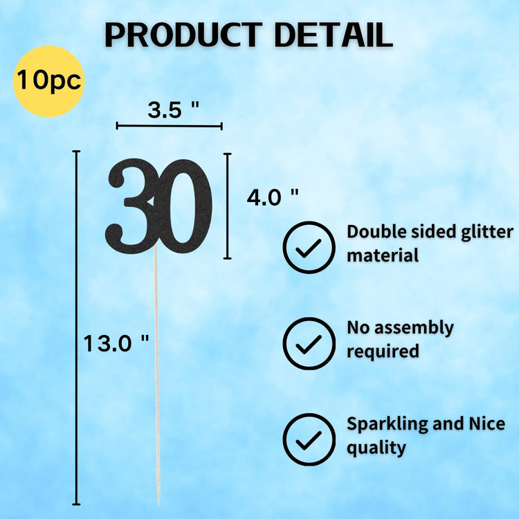 10-Pack Double Sided Glitter 30th Birthday Centerpiece Anniversary Centerpiece Sticks, Number 30 Table Topper Cake Topper for 30th Birthday Anniversary Table Party Decorations (Double Sided black)