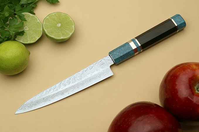 Yoshihiro VG-10 46 Layers Hammered Damascus Petty Utility Japanese Chef Knife Octagonal Turquoise Blue Handle (6'' (150mm))