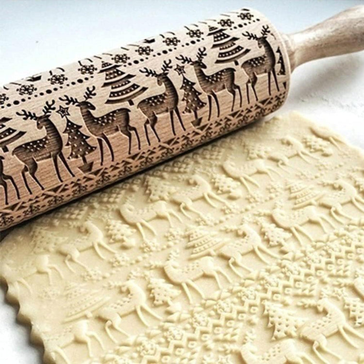 Christmas Wooden Rolling Pin for Baking Engraved Embossing Rolling Pin Cookie Stamps Roller Square Grid Cookies Mold Kitchen Decor Tools for Baking Embossed Cookies