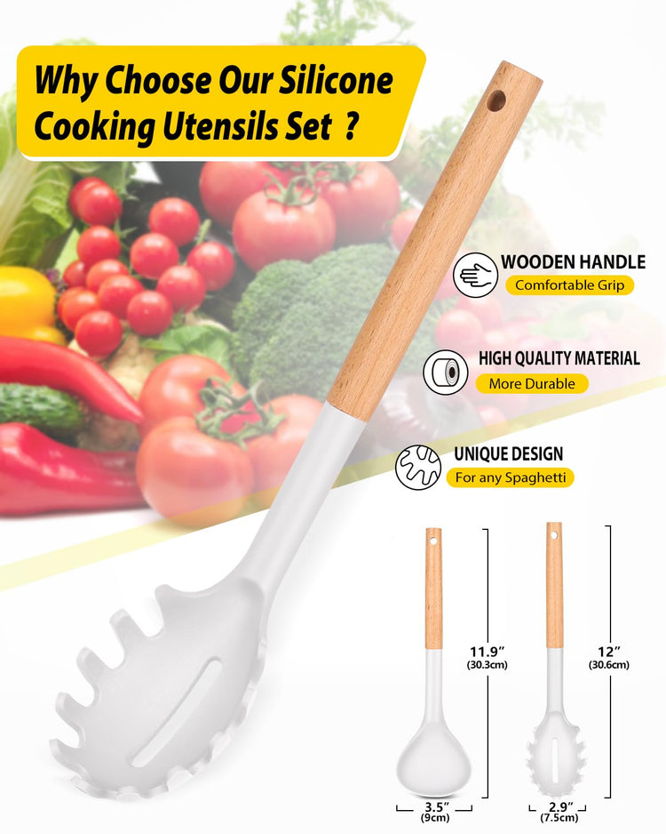 Silicone Pasta Fork and Ladle Spoon Set with Wooden Handle (2 Count)