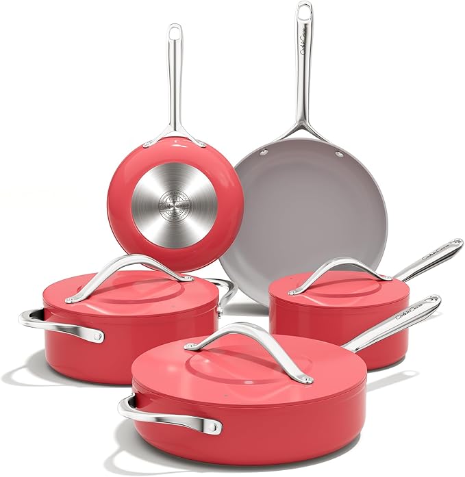 CookinCraze Ceramic Cookware Set, Pots and Pans Set Nonstick with Lid PFAS & PFOA Free, Induction Compatible Oven Safe Up to 500°F Even Heat Distribution, Coral Red