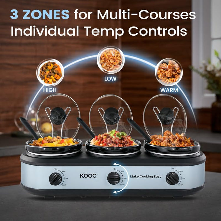 Triple Slow Cooker Buffet Server and Food Warmer 3x1.5 Quart Individual Temp Control With Lid Rests & Spoons With Liners Included Blue Grey