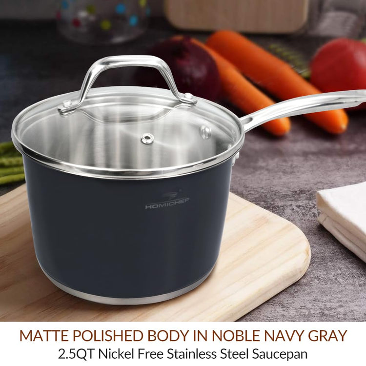 Matte Polished NICKEL FREE Stainless Steel 2.5 QT Sauce Pan with Glass Lid