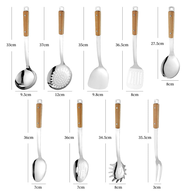 9pcs Cooking Utensils Set 304 Stainless Steel Kitchen Utensils with Wooden Hanlde Metal Kitchen Utensils Soup Ladle Set Dishwasher Safe Kitchen Essentials Set Kitchen Tool Set (9 Count)