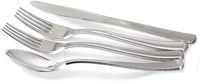 " OCCASIONS " 320 Piece set (40 Guests)-Heavyweight Wedding Party Disposable Plastic Plate Set -40 x 10.5'' + 40 x 8''+Silverware+12oz Cups+Napkins (Imperial Aqua & Silver)