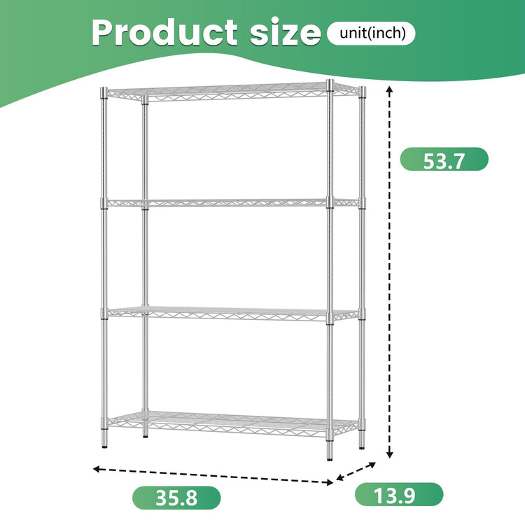 14" D×36" W×54" H Commercial Wire Shelving Unit Metal Shelf with 4 Tier Adjustable Layer Rack Strong Steel for Restaurant Garage Pantry Kitchen Garage
