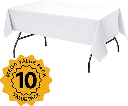 10-Pack White Tablecloths for Rectangle Tables, 60 x 102 Inches, Stain-Resistant Polyester Fabric for 6 Foot Tables - Washable Table Covers for Weddings, Banquets, Birthday, Parties, Events
