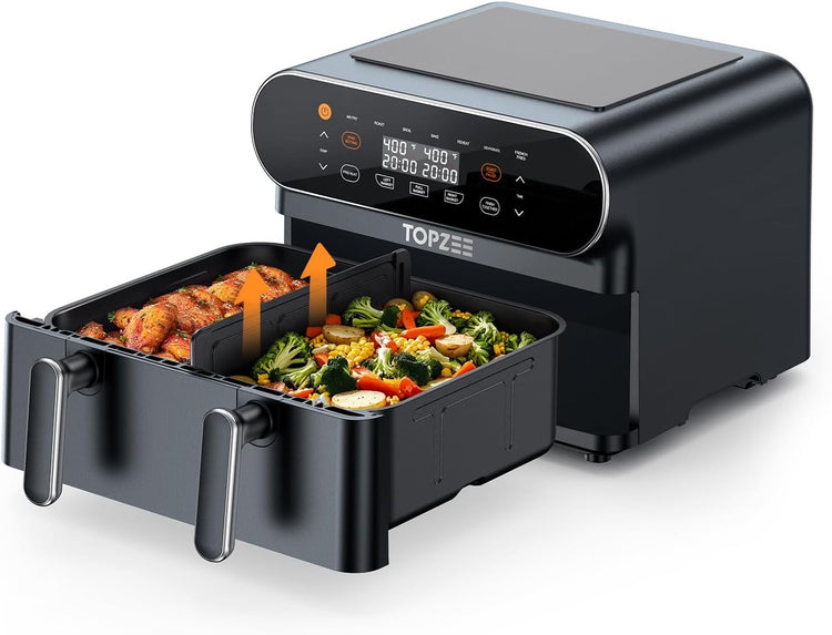 11-QT Large Air Fryer - 8 in 1 XL Airfryer with Flex Basket, Divider for Dual Cooking, Preheat, Air Fry, Roast, Broil, Bake, Reheat, Dehydrate, French Fries Dishwasher Safe, Gray