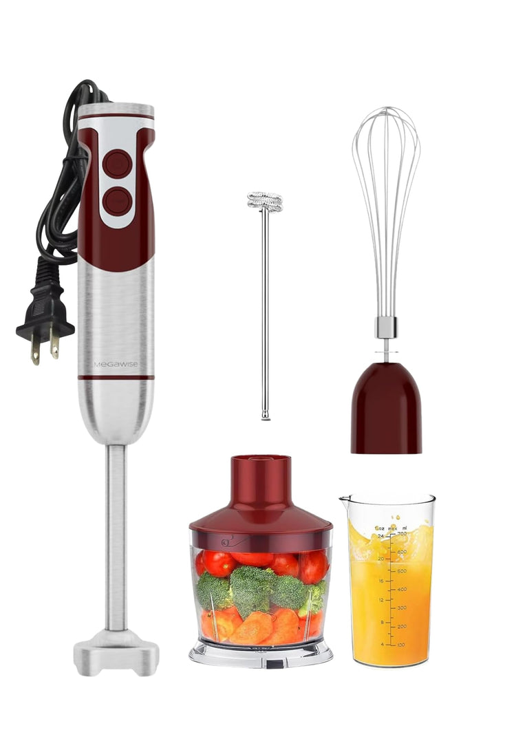 5-in-1 Hand Blender Set with Variable Speed Control, 400W Immersion Blender - Includes Whisk, Milk Frother, Chopper, and Beaker for Smoothies, Soups, and Baby Food (RED)