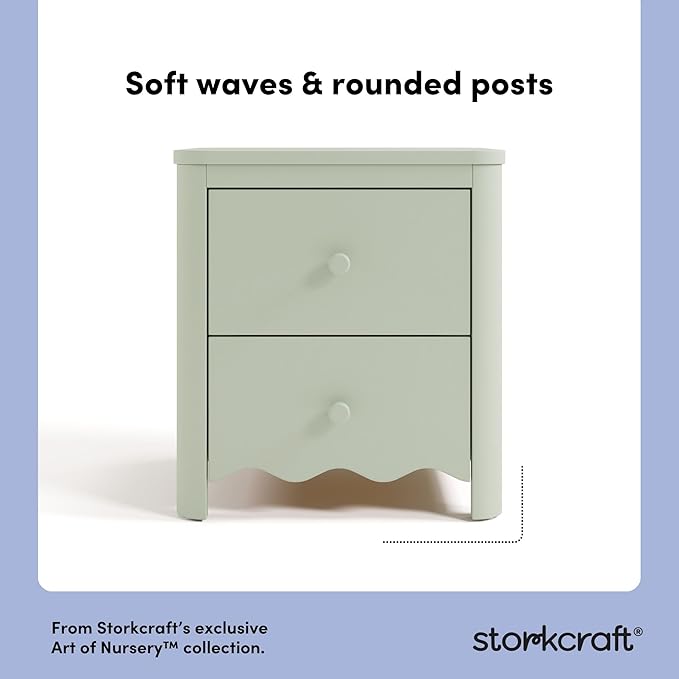 Storkcraft Casablanca 2 Drawer Nightstand (Sage) - GREENGUARD Gold Certified, Storage for Kids Bedroom, Premium Wood Nightstand with Elegant, Iconic Wave Detailing and Rounded Posts