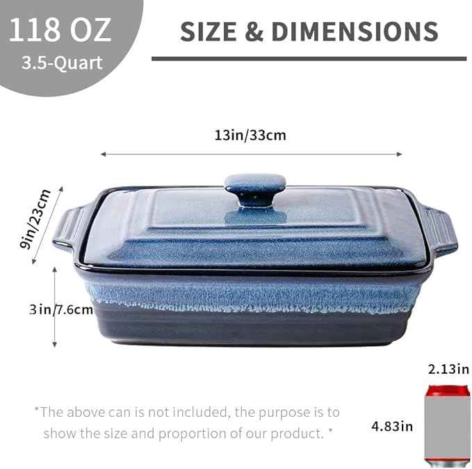 KOOV Ceramic Casserole Dish With Lid, Covered Rectangular Set, Lasagna Pan for Cooking, Baking Dish for Dinner, Kitchen, 9 x 13 Inches, Reactive Glaze (Nebula Blue)