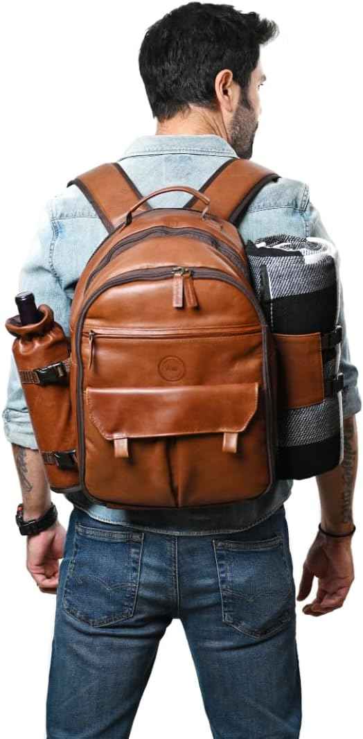 Premium Collection Genuine Leather Picnic Backpack for 4 with Insulated Compartment, Blanket, Stainless Steel Cutlery, Plates, Glasses, Luxury Gift for Men & Women, Outdoor Dining, Brown