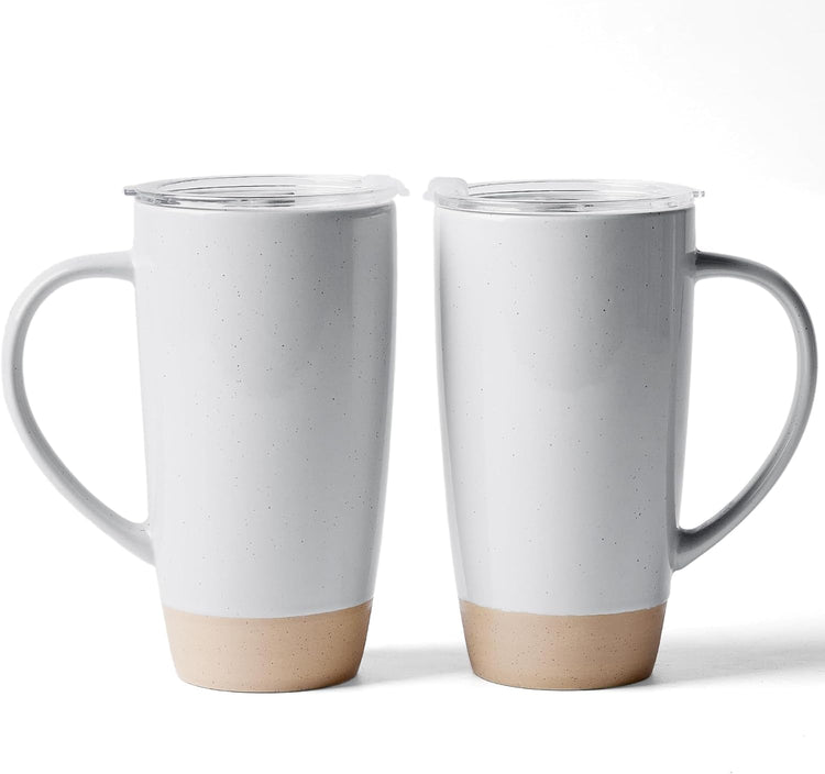 famiware Milkyway Coffee Mugs, 20oz Large Coffee Mug, Ceramic Mug Set of 2 with Lid, Cup Set with Handle for Latte, Tea, Cocoa, Milk, Home & Office, Light Gray