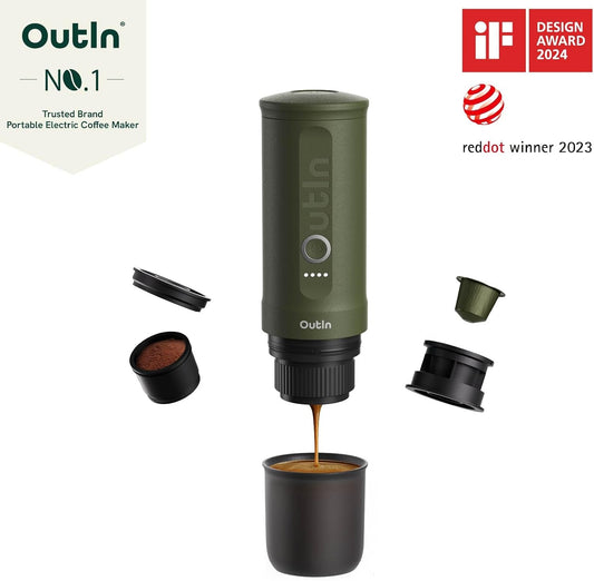 OutIn Nano Portable Electric Espresso Machine, Travel Coffee Maker for Camping, Car Coffee Maker Self-Heating with USB-C, With Ground Coffee & NS Capsule for RV, Hiking, Office