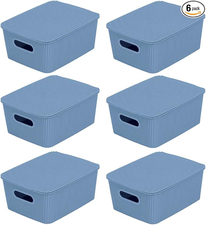 Glad Storage Baskets with Lids - Set of 6 Stackable Plastic Boxes with Handles - Decorative Shelf Organizer Bins for Bathroom and Closet, Blue, 1 Gallon