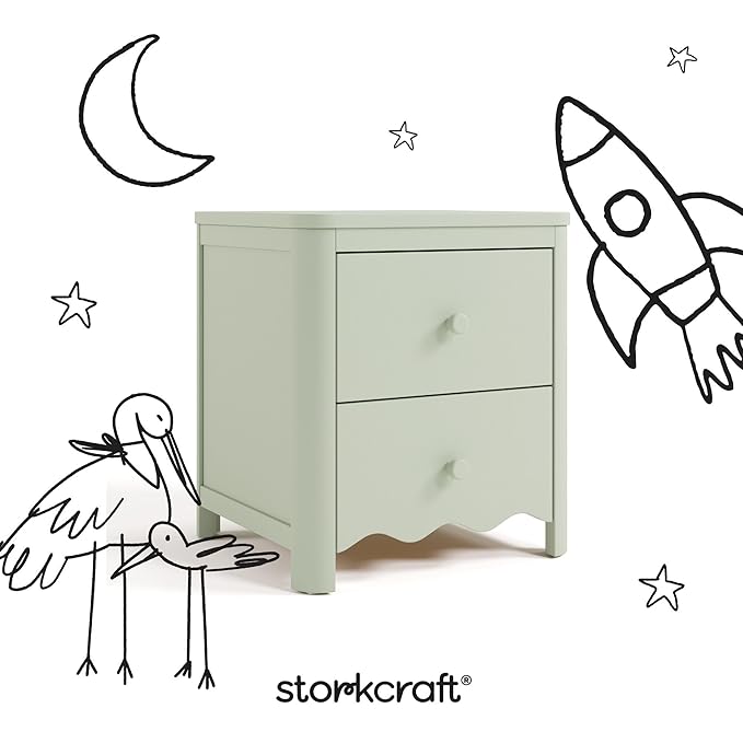 Storkcraft Casablanca 2 Drawer Nightstand (Sage) - GREENGUARD Gold Certified, Storage for Kids Bedroom, Premium Wood Nightstand with Elegant, Iconic Wave Detailing and Rounded Posts