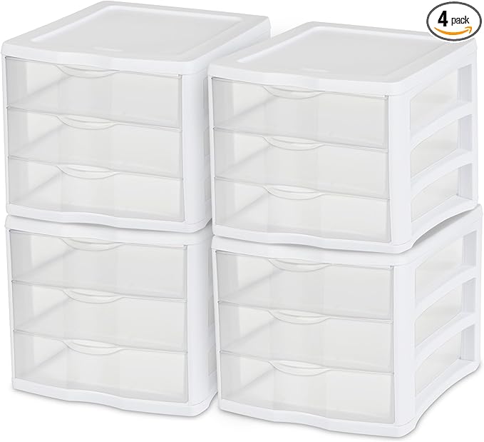 STERILITE 3 Drawer Desktop Storage Unit, Tabletop Organizer for Desk, Countertop at Home, Office, Bathroom, White with Clear Drawers, (Pack of 4)