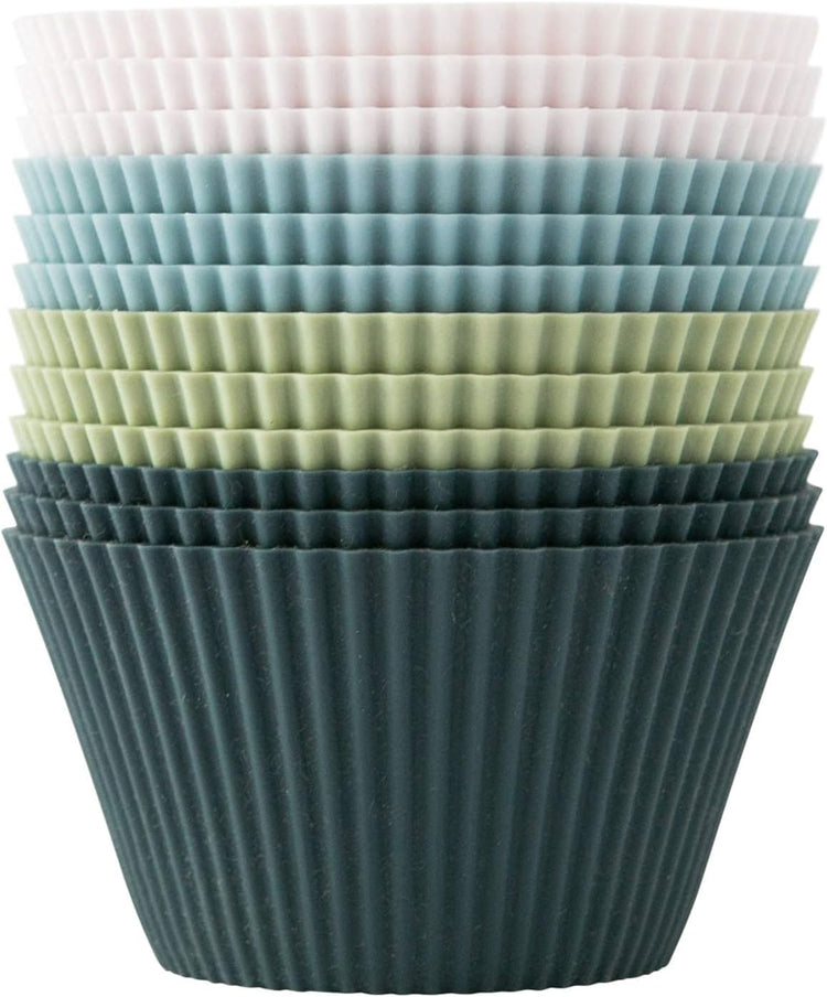 The Silicone Kitchen Reusable JUMBO Silicone Baking Cup, Non-Toxic, BPA Free, Dishwasher Safe, Jumbo, 12 Pack, White Blue Green