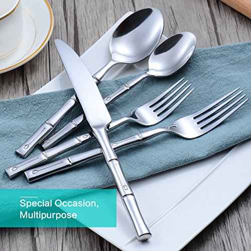 Silverware Set Silver Bamboo Handle Flatware Stainless Steel Heavy Cutlery Set 20 Pieces Mirror Polished Spoons Forks and Knives Service for 4
