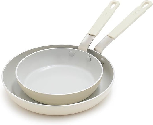 GreenPan x Bobby Flay 2 Piece- 8” and 10” Nonstick Frying Pan Skillet Set, PFAS-Free Diamond Ceramic, Induction Suitable, Stay-Cool Silicone Handle, Easy Clean Dishwasher & Oven Safe, Cream
