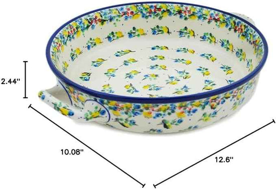 Polmedia Polish Pottery Round Baker with Handles 10-inch UNIKAT - Blueberry Season Pattern Handmade in Boleslawiec Poland by Ceramika Artystyczna + Certificate of Authenticity