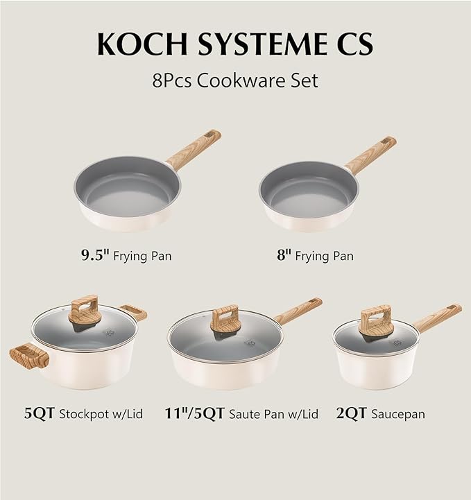 KOCH SYSTEME CS Nonstick Ceramic Cookware Set, Nonstick Pots and Pans Set with Stay-Cool Handles, Non-toxic Ceramic Kitchen Cooking Set, Induction Compatible Dishwasher Safe, PFAS and PFOA Free