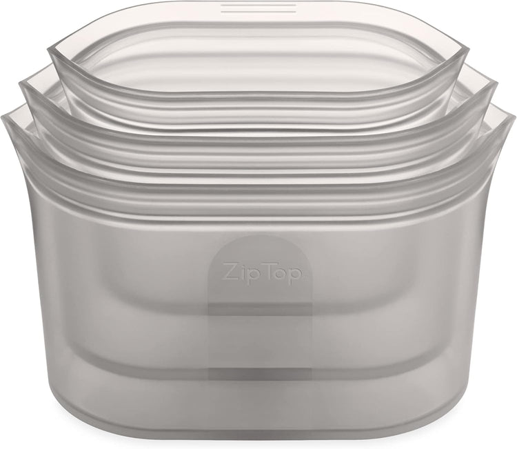 Zip Top Reusable Food Storage Bags | 3 Dish Set [Gray] | Silicone Meal Prep Container | Microwave, Dishwasher and Freezer Safe | Made in the USA