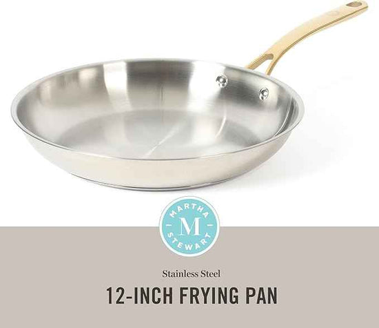 Martha Stewart Castelle 12-Inch Stainless Steel Frying Pan with Gold-Tone Handle – Tri-Ply Encapsulated Bottom, Oven Safe & Induction Safe Skillet for Searing and Sautéing