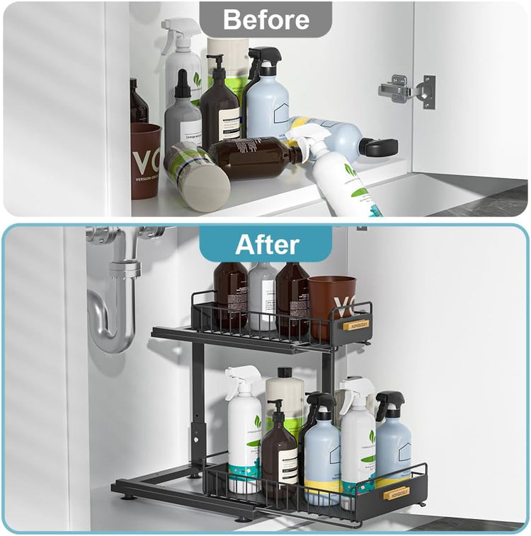 Under Sink Organizer, Pull Out Kitchen Cabinet Organizer, 2-Tier Metal Under Sink Organizers and Storage Height-Adjustable, Kitchen Bathroom Organizers and Storage Shelves, Black