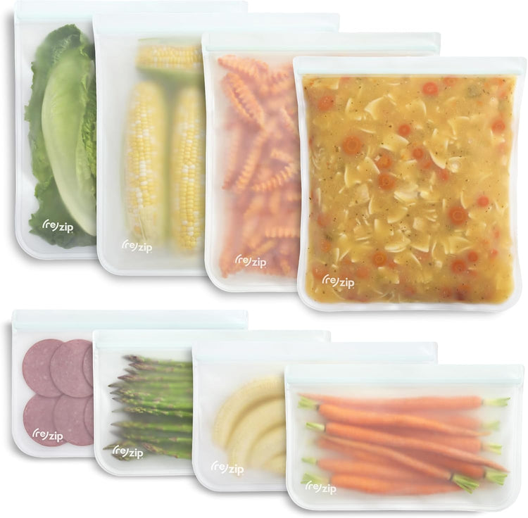 re) zip 4 Gallon & 4 Half-Gallon Bags for Maximum Freshness | 8-Pack Food Storage Bag Kit | BPA-Free, Leakproof, Airtight, and Freezer-Safe PEVA | Ideal for Marinating and BBQ Prep (8 Count)