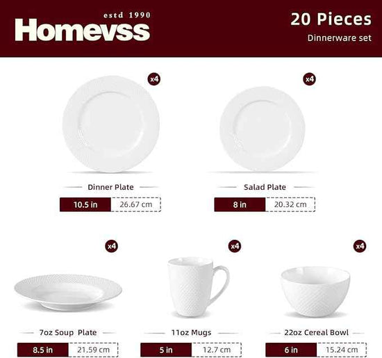 HomeVss, New Bone China Dinnerware Set, Embossed Rain Drops Design, 20pc Set