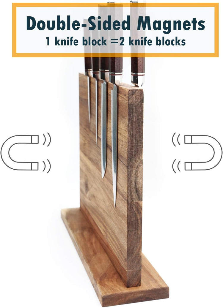 Resafy Large Magnetic Knife Holder,Acacia Wooden Magnetic Knife Block 12 X 10 Inches,Rack Magnetic Universal Stands with Strong Enhanced Magnets Strip Kitchen Storage Cutlery Organizer Without Knifves