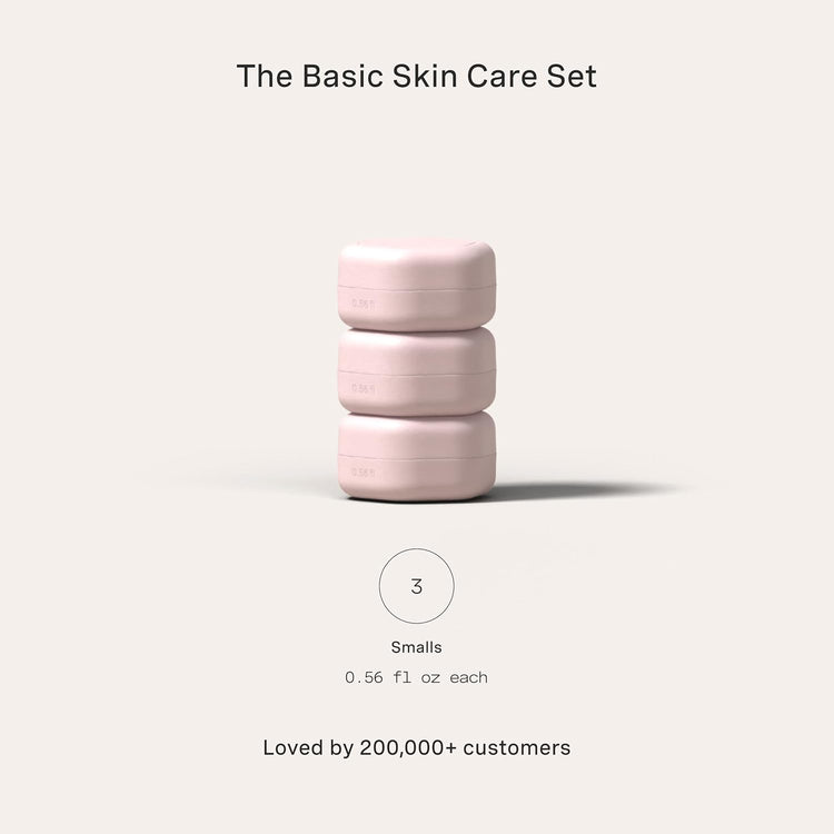 Cadence Travel Containers Basic Skincare Set - Magnetic Containers with Lids,Carry On Travel Essentials For Women/Men - 3 Small Capsules (0.56oz) - Cleanser, Moisturizer & Sun-Icon Labels - Petal