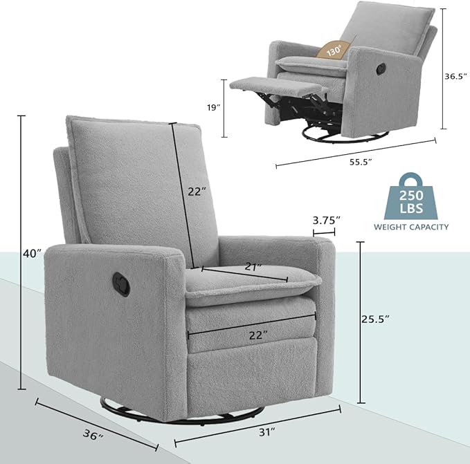 Oxford Baby Uptown Upholstered Swivel Glider and Recliner Nursery Chair,Boucle, Koala Gray