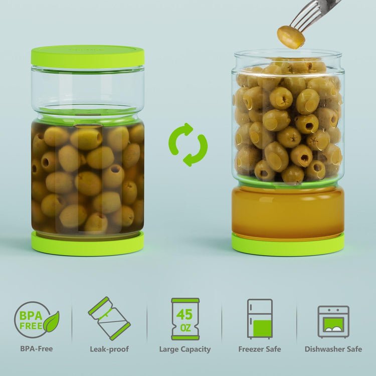 Glass Pickle Jar with Strainer Flip for Pickle Lover - 45 oz Leakproof Airtight Juice Separator for Olive, Gherkin or Chilli, BPA Free, Dishwasher and Refrigerator Safe (Green, 45 oz*1 pack)